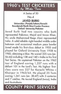 1992 County Print Services 1960's Test Cricketers #4 Javed Burki Back