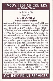 1992 County Print Services 1960's Test Cricketers #13 Basil D'Oliveira Back