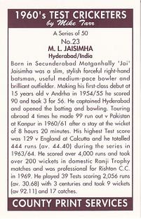 1992 County Print Services 1960's Test Cricketers #23 Motganhalli Jaisimha Back