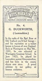 1929 Boys' Magazine Famous Cricketers Series #4 George Duckworth Back