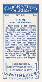 1997 Card Promotions 1926 J.A.Pattreiouex Cricketers (reprint)) #51 Charles Fry Back