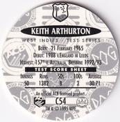 1995 Crown & Andrews Cricket Test Series & Sheffield Shield POG Pack Milk Caps #C54 Keith Arthurton Back