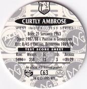 1995 Crown & Andrews Cricket Test Series & Sheffield Shield POG Pack Milk Caps - Gold Foil Parallel #C63 Curtly Ambrose Back