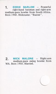 1977 World Series Cricket Souvenir Cassette Cards #46 Eddie Barlow / Mick Malone Back
