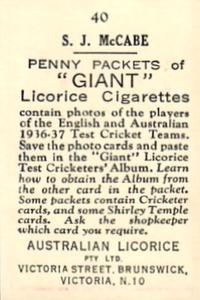 1936-37 Australian Licorice English & Australian Cricketers #40 Stan McCabe Back