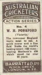 1926 Barratt & Co Australian Cricketers #4 Bill Ponsford Back