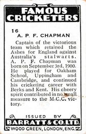 1930-31 Barratt Famous Cricketers #16 Percy Chapman Back