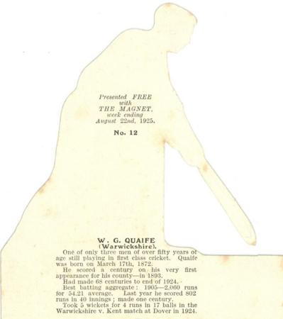 1925 The Magnet Periodical Cricketers #12 William Quaife Back