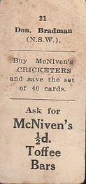 1929 McNivens Confectionery Cricketers #21 Don Bradman Back