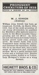 1938 Hignett Tobacco Prominent Cricketers #7 Bill Edrich Back