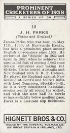 1938 Hignett Tobacco Prominent Cricketers #18 Jim Parks Back