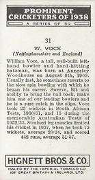 1938 Hignett Tobacco Prominent Cricketers #31 Bill Voce Back