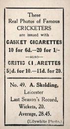 1922 J.A. Pattreiouex Cricketers #C49 Alec Skelding Back