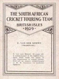 1929 United Services Tobacco South African Cricket Touring Team #NNO Edward van der Merwe Back