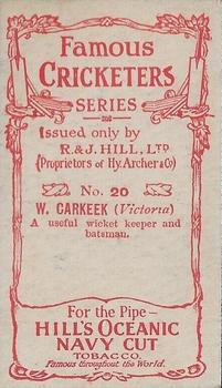 1912 R & J Hill Cigarettes Famous Cricketers (Blue Front) #20 Barlow Carkeek Back