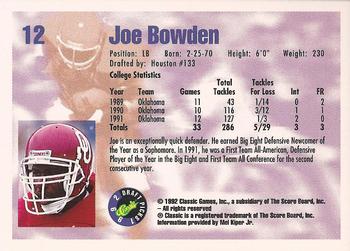 1992 Classic Draft Picks #12 Joe Bowden  Back