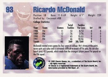 1992 Classic Draft Picks #93 Ricardo McDonald  Back