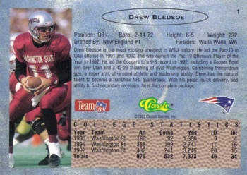 1993 Classic #1 Drew Bledsoe Back