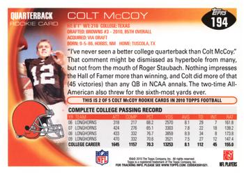 2010 Topps #194 Colt McCoy  Back