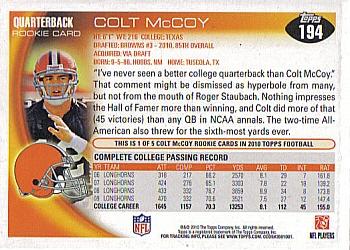2010 Topps #194 Colt McCoy  Back