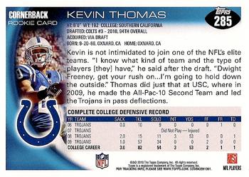 2010 Topps #285 Kevin Thomas Back