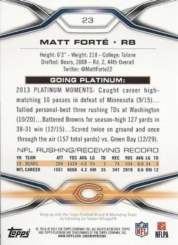 2014 Topps Platinum - Blue Wave Refractors #23 Matt Forte Back