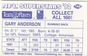 1992 Diamond NFL Superstars Stickers #148 Gary Anderson Back