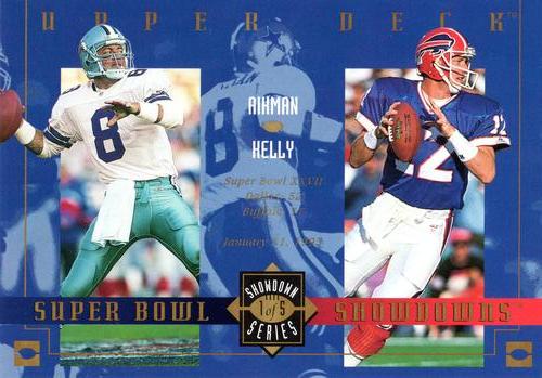 1994 Upper Deck Miller Lite/Tombstone Pizza Super Bowl Showdown #1 Troy Aikman / Jim Kelly Front