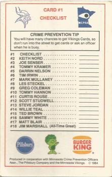 1984 Minnesota Vikings Police #1 Checklist Card Back