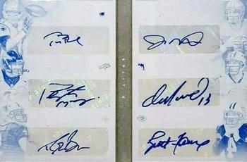 2015 Panini Playbook - Split 6 Signature Booklets Printing Plates Cyan #S6-QBS Brett Favre / Dan Marino / Drew Brees / Joe Montana / Peyton Manning / Tom Brady Front