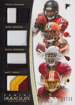 2015 Panini Immaculate Collection - Immaculate Quads Jersey Gold #IQJ-RB2 Tevin Coleman  / Duke Johnson /  David Johnson / Matt Jones Front