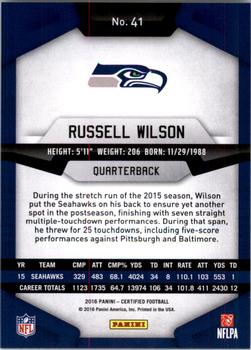 2016 Panini Certified #41 Russell Wilson Back