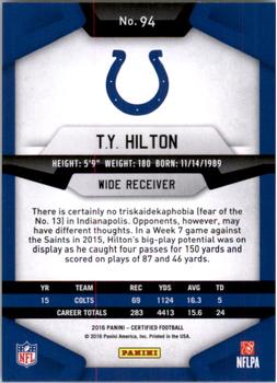 2016 Panini Certified #94 T.Y. Hilton Back