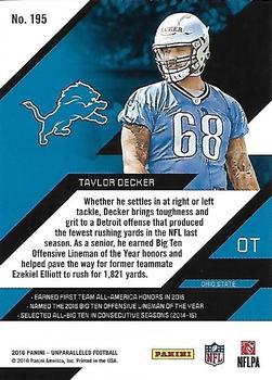 2016 Panini Unparalleled - Purple #195 Taylor Decker Back