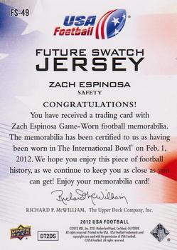 2012 Upper Deck USA Football - Future Swatch Jersey #FS-49 Zach Espinosa Back