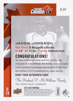 2014 Upper Deck USA Football - Team Canada Autograph #C-37 Jadon Johnson Back