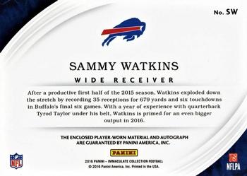2016 Panini Immaculate Collection - Premium Patch Autographs #SW Sammy Watkins Back
