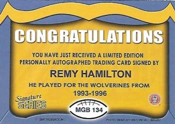 2002 TK Legacy Michigan Wolverines - Go Blue Autographs #MGB134 Remy Hamilton Back