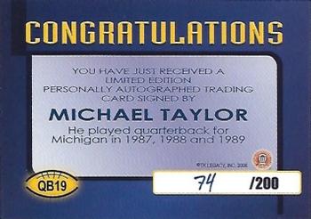 2002 TK Legacy Michigan Wolverines - Quarterback Club Autographs #QB19 Michael Taylor Back