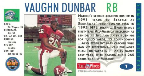 1992 GameDay - Draft Day Collectibles Promos #1 Vaughn Dunbar Back