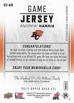 2015 Upper Deck CFL - Game Jersey #GJ-AH Andrew Harris Back