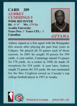 2002 JOGO #209 Aubrey Cummings Back