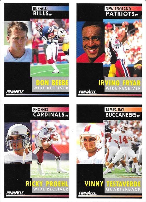 1991 Pinnacle - Promo Panels #82 / 87 / 93 / 98 Don Beebe / Irving Fryar / Vinny Testaverde / Ricky Proehl Front