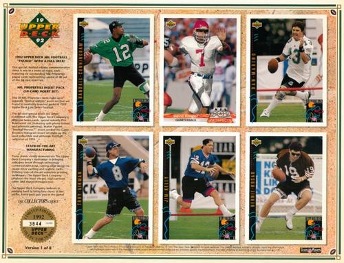 1992 Upper Deck SCD Sheets #1 Randall Cunningham / David Klingler / Dan Marino / Troy Aikman / Jim Kelly / Bernie Kosar Front