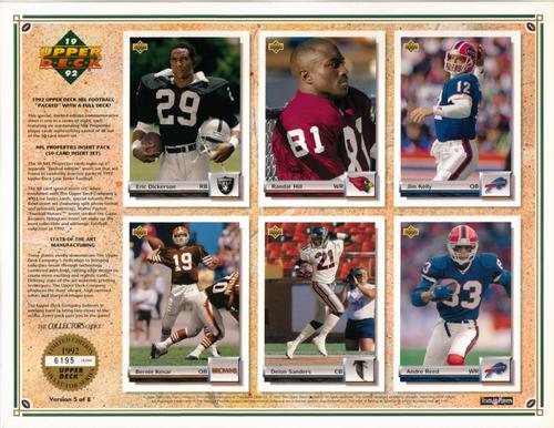 1992 Upper Deck SCD Sheets #5 Eric Dickerson / Randal Hill / Jim Kelly / Bernie Kosar / Deion Sanders / Andre Reed Front