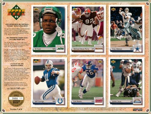 1992 Upper Deck SCD Sheets #7 Al Toon / Michael Dean Perry / Troy Aikman / Jeff George / Carl Banks / Junior Seau Front