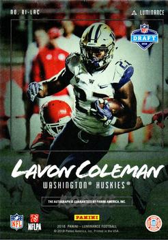 2018 Panini Luminance - Rookie Ink Red #RI-LAC Lavon Coleman Back