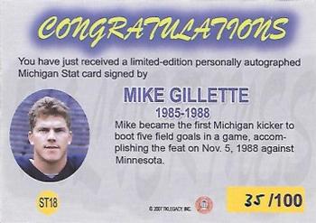 2002 TK Legacy Michigan Wolverines - M-Stat Autographs #ST18 Mike Gillette Back