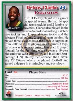 2012 JOGO CFLPA Pro Players #66 Delroy Clarke Back