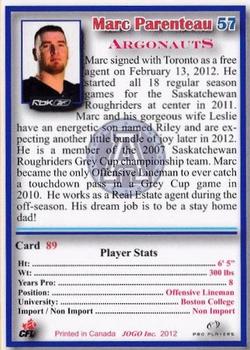 2012 JOGO CFLPA Pro Players #89 Marc Parenteau Back